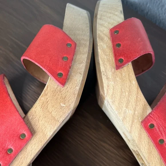 Madewell Lipstick Red Double Strap Leather Wood Clara Clog Heeled Sandal - Picture 8 of 14